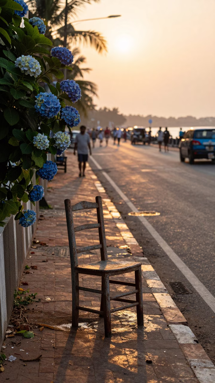 Sunset Street Scene in Kochi India with Ladder-Back Chair and Hydrangea Bush in in Kochi, India