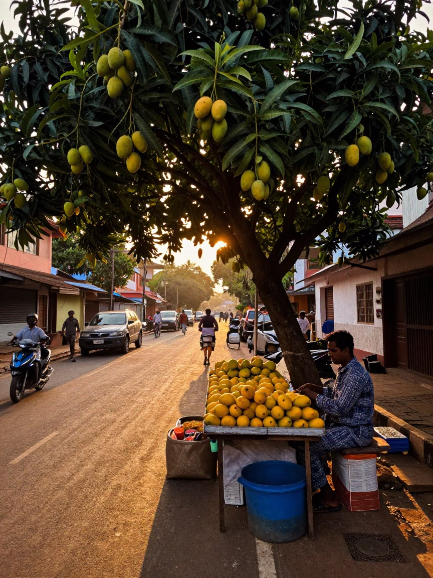 Sunset Street Scene in Kochi India with Mango Tree and Local Vendor in in Kochi, India