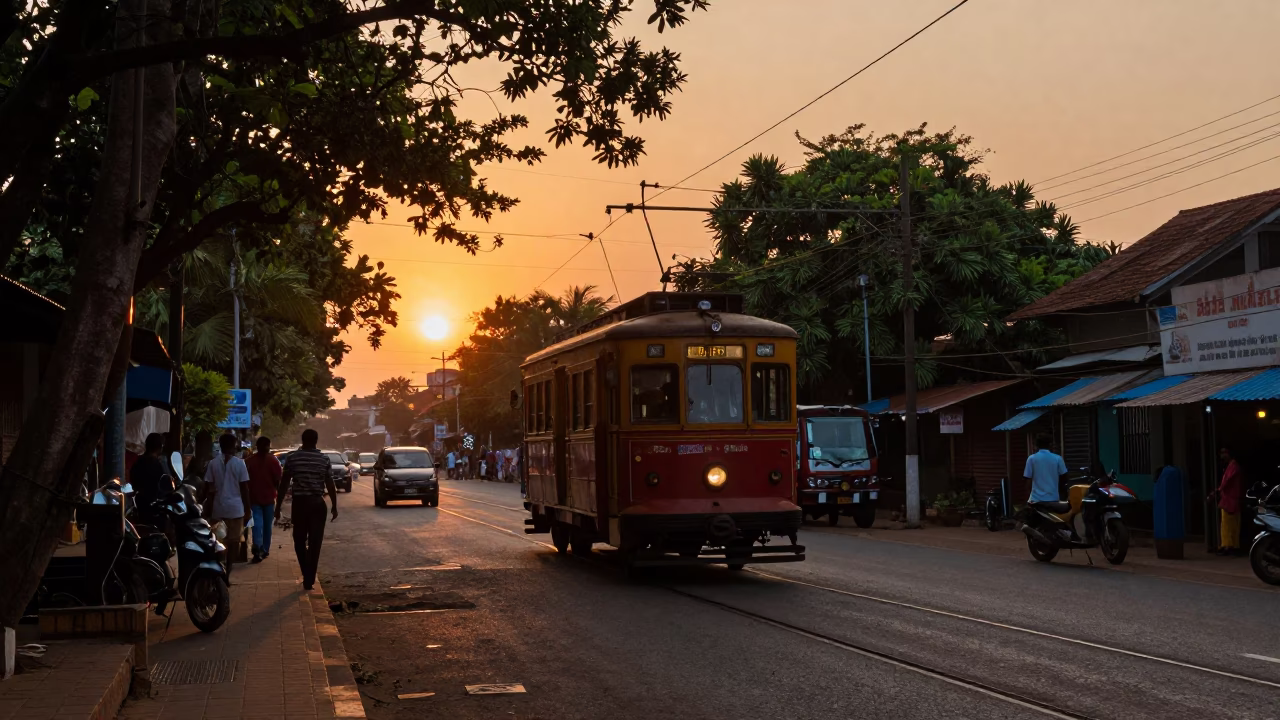 Sunset Street Scene in Kochi India with Old Trolley and Local Traffic in in Kochi, India