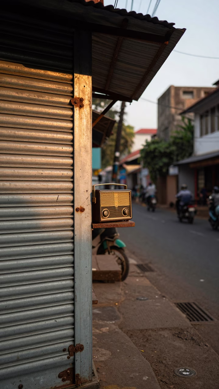 Sunset Street Scene in Kochi India with Vintage Radio and Bar Stools in in Kochi, India