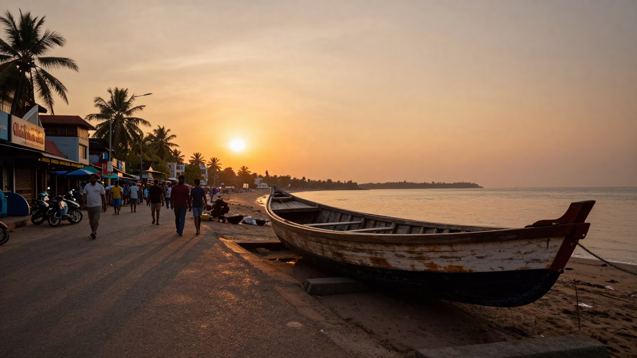 Sunset Street Scene in Kochi India with Wooden Boat and Urban Activity in in Kochi, India
