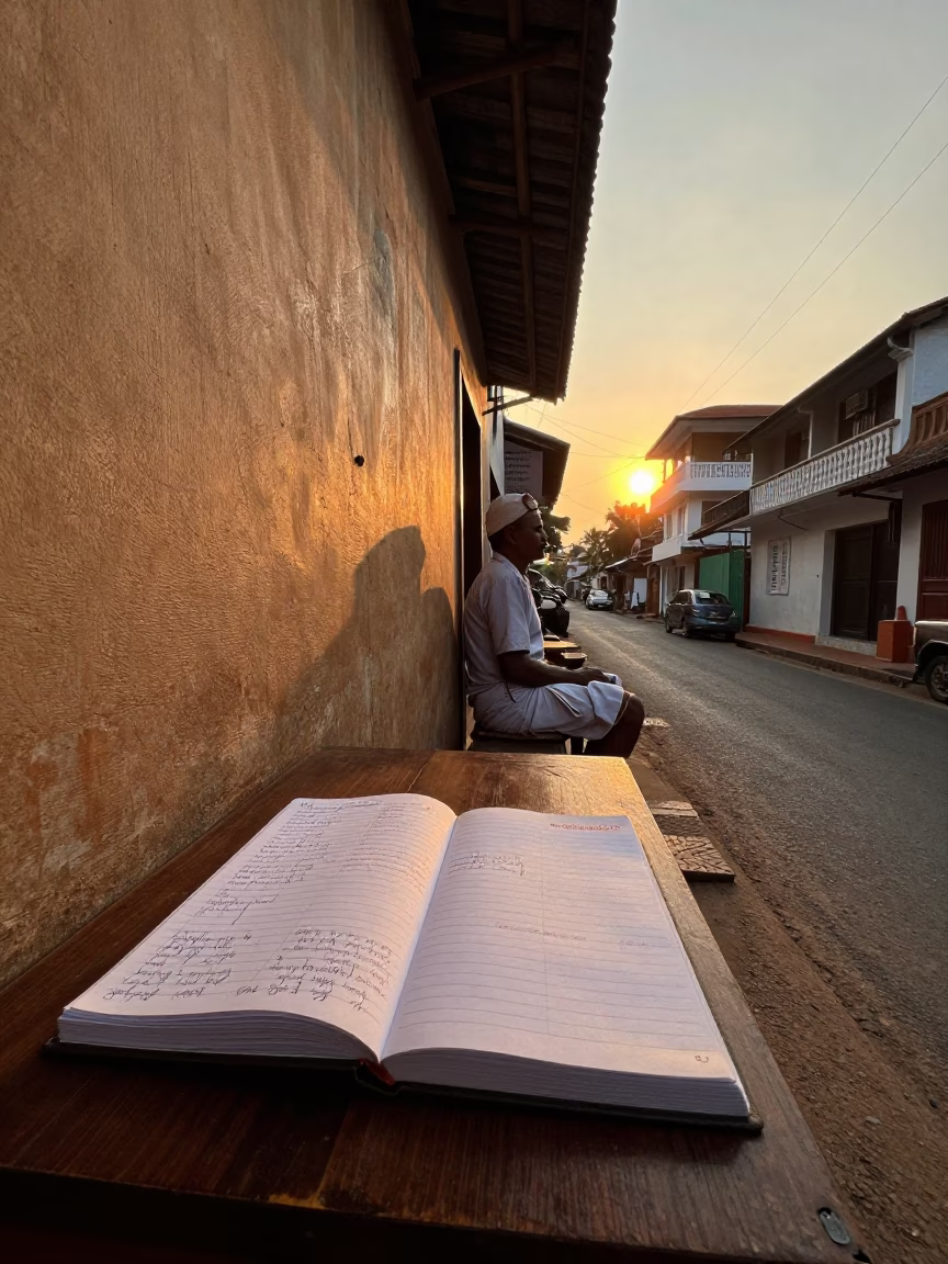 Sunset Street Scene in Kochi India with Wooden Ledger and Wall Hooks in in Kochi, India