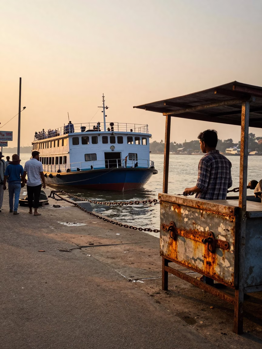 Sunset Street Scene in Kolkata India with Chain Ferry and Rusty Latch in in Kolkata, India