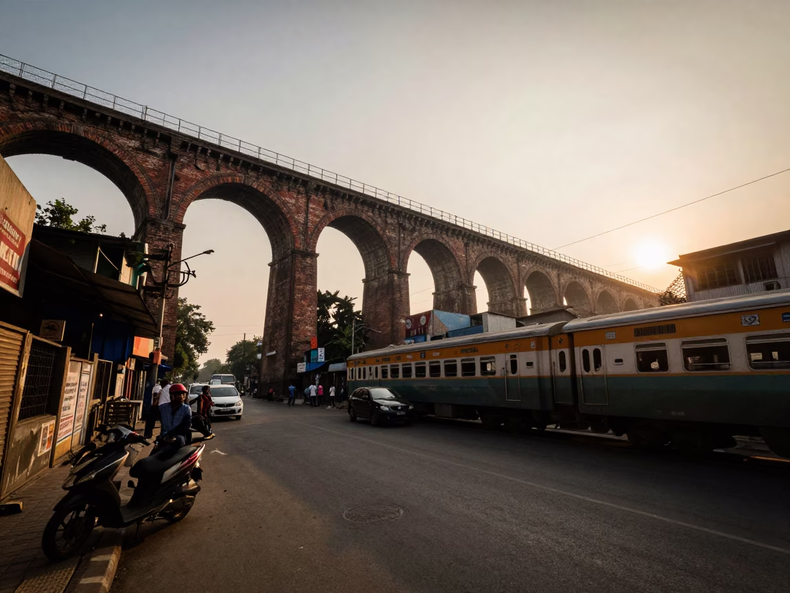 Sunset Street Scene in Kolkata India with Train Viaduct and Fallen Petals in in Kolkata, India