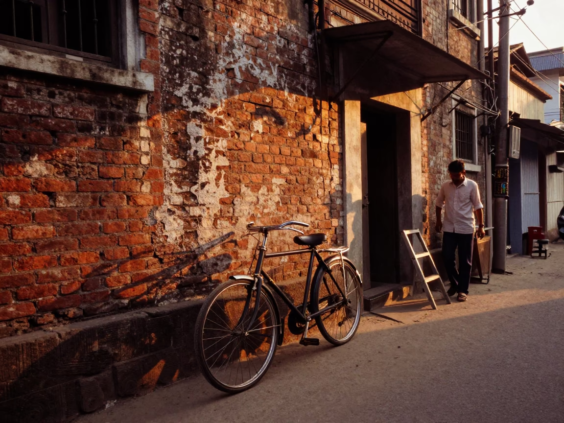 Sunset street scene in Kolkata India with vintage bicycle and local vendor in in Kolkata, India