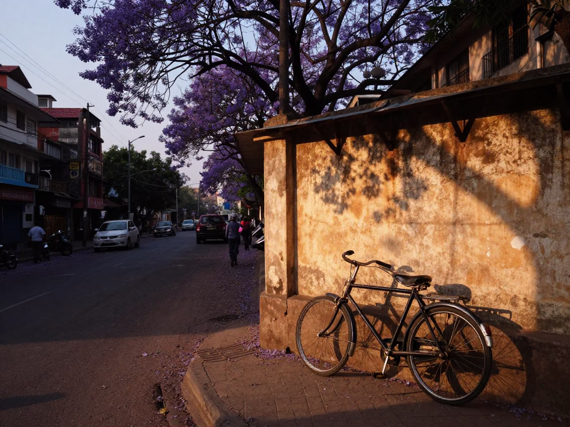 Sunset street scene in Kolkata India with vintage bicycle and purple jacaranda tree in in Kolkata, India