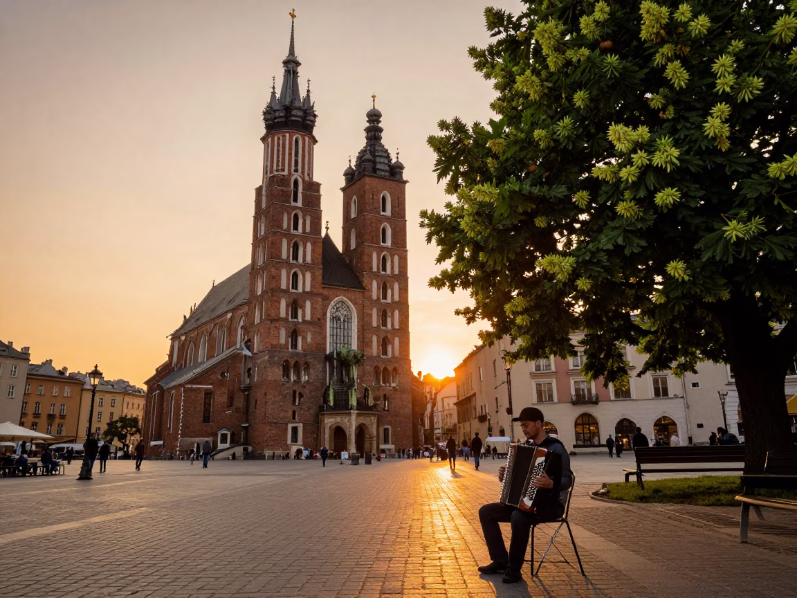 Sunset Street Scene in Krakow Poland with Accordion Player and Chestnut Tree in in Krakow, Poland