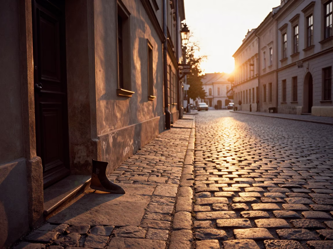 Sunset Street Scene in Krakow Poland with Boot Scraper and Cobblestones in in Krakow, Poland