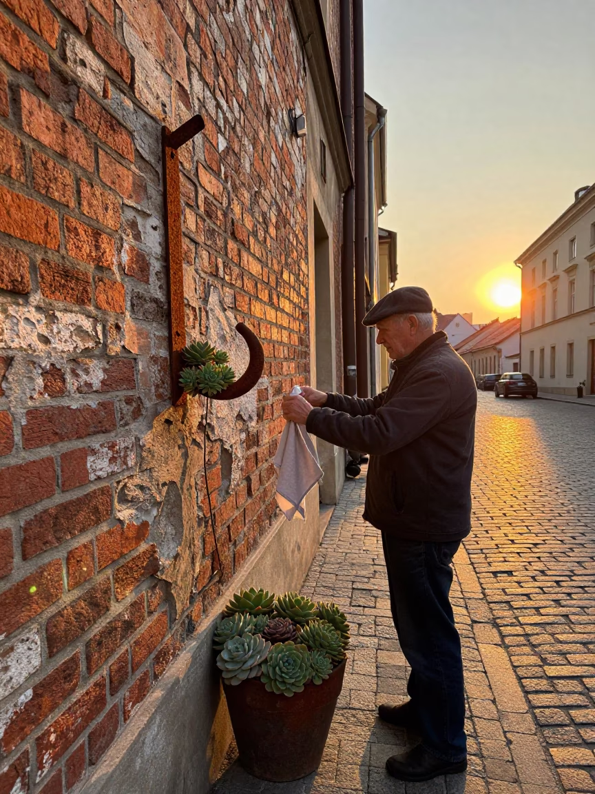 Sunset Street Scene in Krakow Poland with Rusty Hook and Succulents in in Krakow, Poland