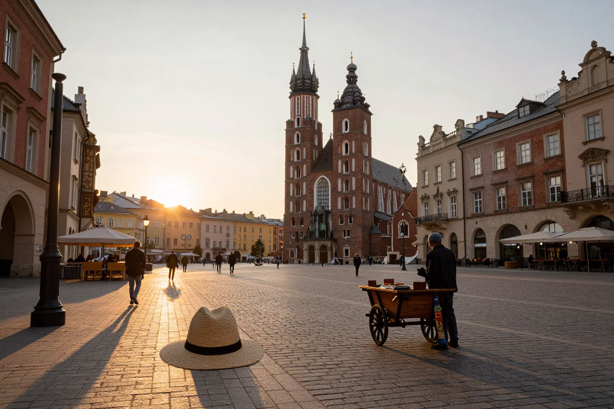 Sunset Street Scene in Krakow Poland with Straw Hat and Terracotta Bowls in in Krakow, Poland
