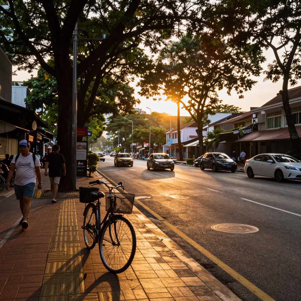 Sunset street scene in Kuala Lumpur Malaysia with bicycle basket and German Shorthaired Pointer in in Kuala Lumpur, Malaysia