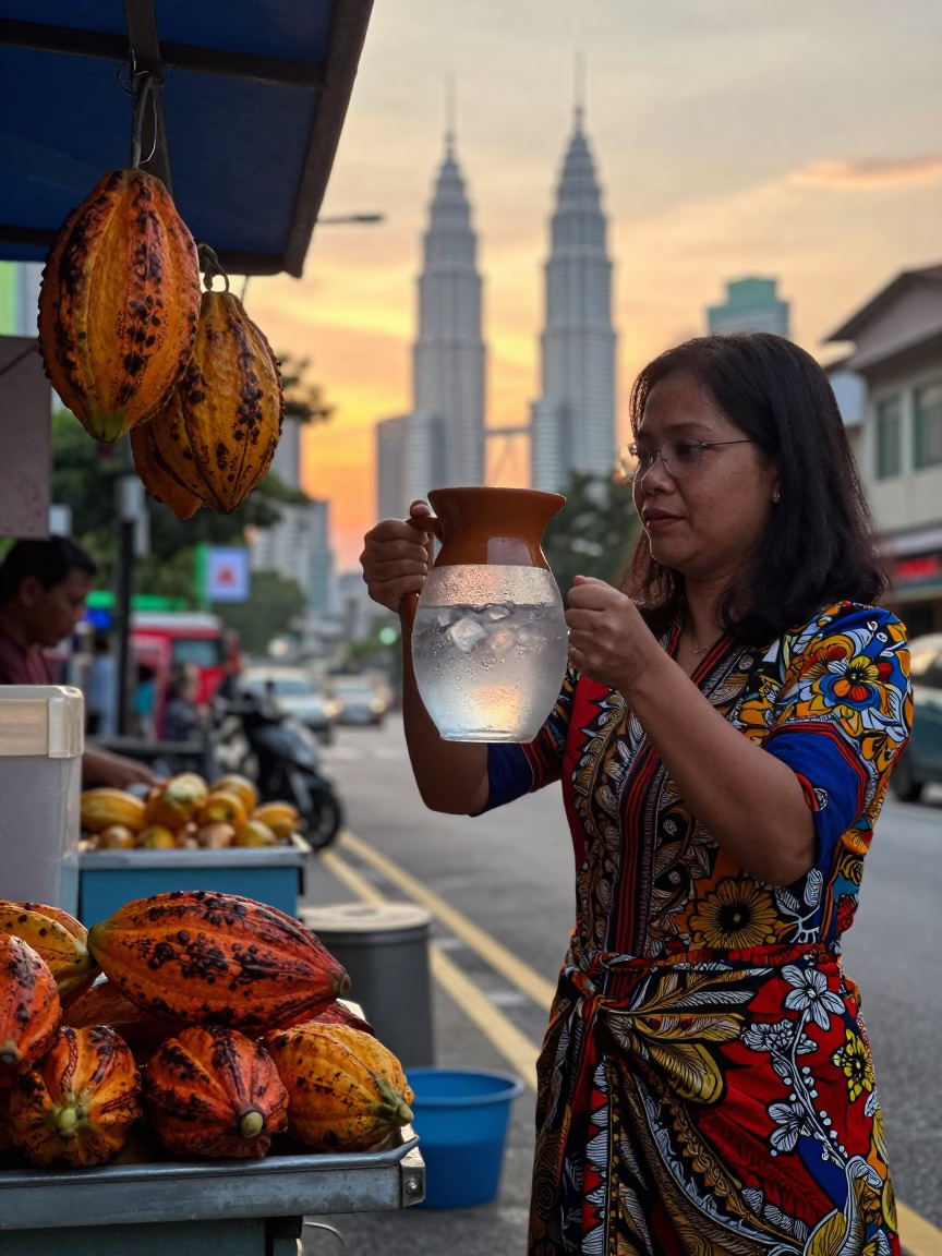 Sunset Street Scene in Kuala Lumpur Malaysia with Cocoa Pod and Pitcher in in Kuala Lumpur, Malaysia
