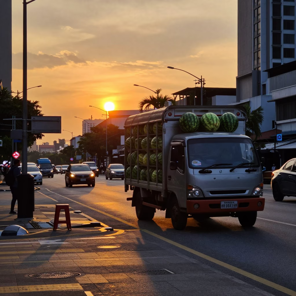 Sunset Street Scene in Kuala Lumpur Malaysia with Watermelon Truck and Stool in in Kuala Lumpur, Malaysia