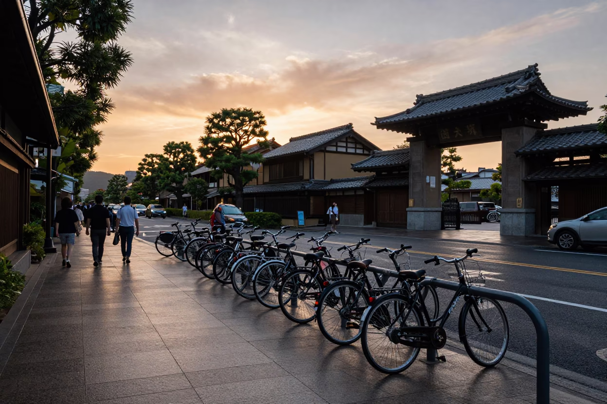 Sunset Street Scene in Kyoto Japan with Bicycle Rack and Traditional Architecture in in Kyoto, Japan