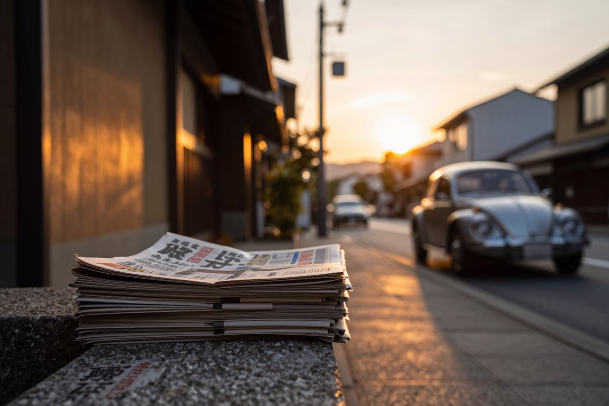 Sunset Street Scene in Kyoto Japan with Newspaper Stack and Beetle on Bark in in Kyoto, Japan
