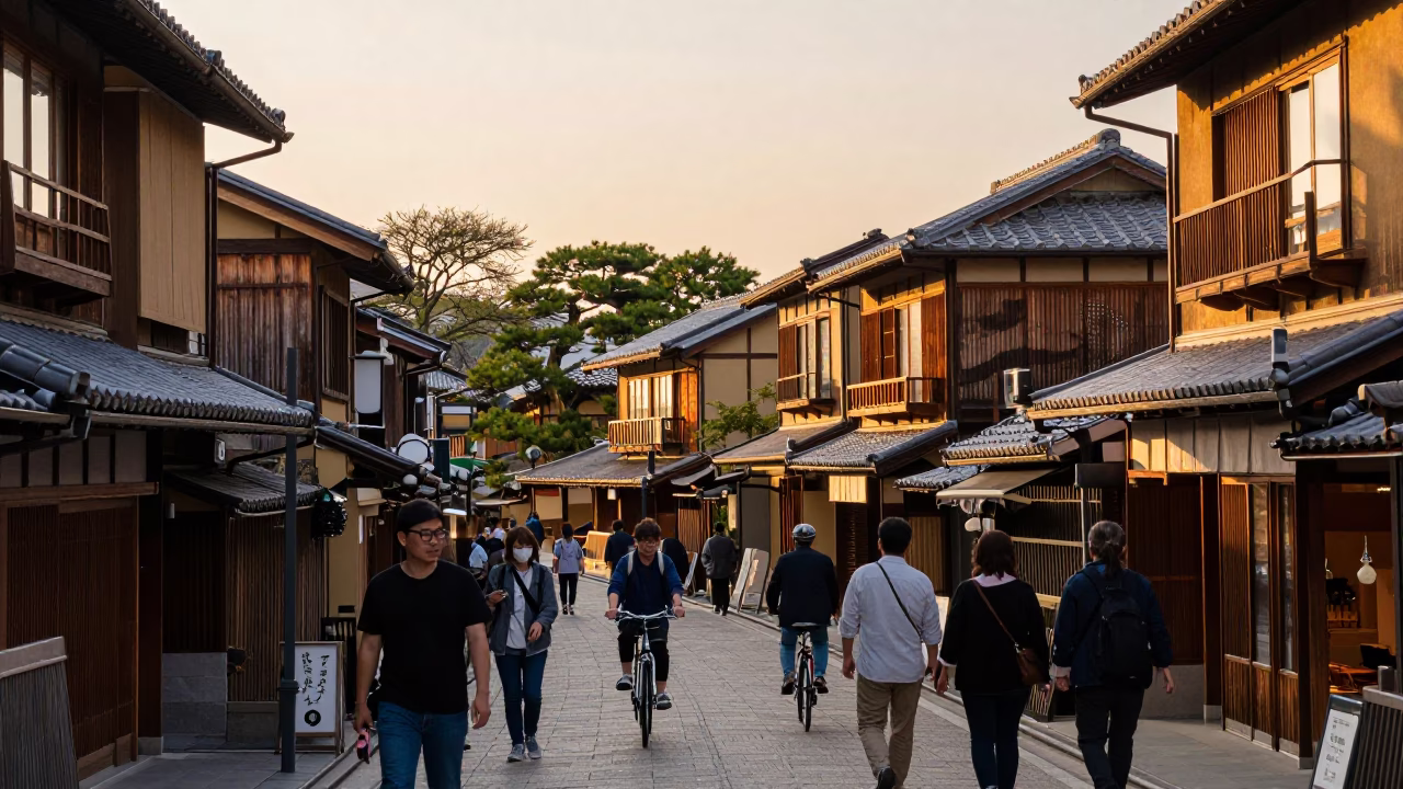Sunset Street Scene in Kyoto Japan with Traditional Architecture and Local Life in in Kyoto, Japan