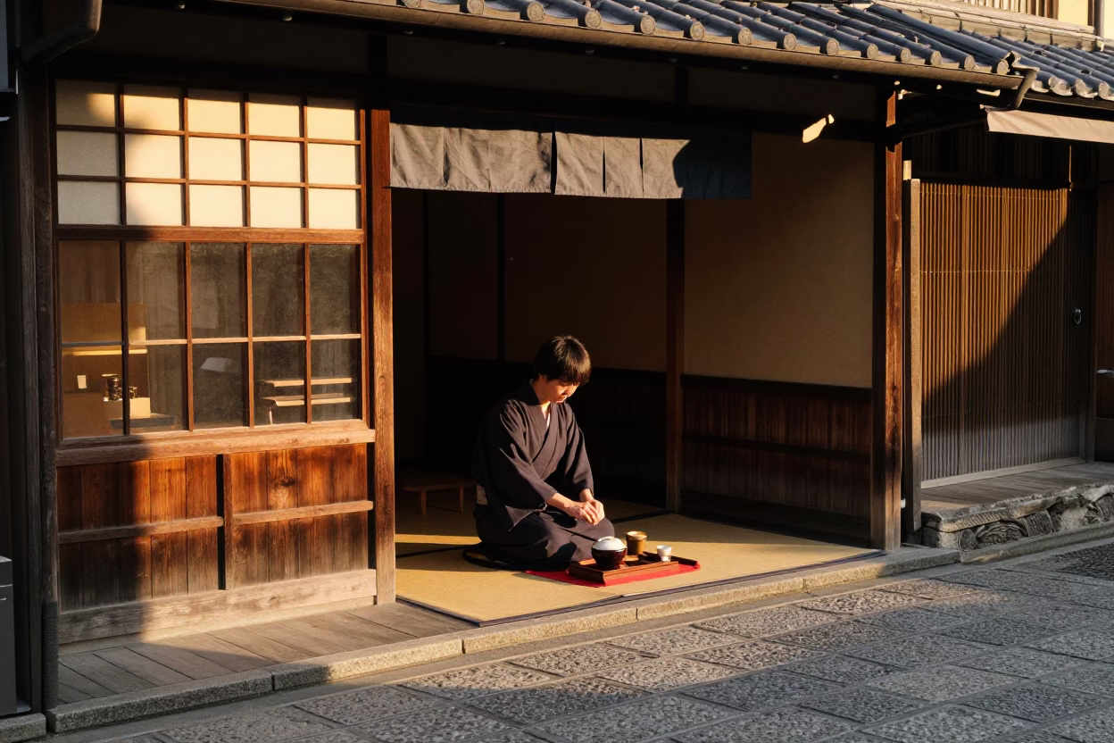 Sunset Street Scene in Kyoto Japan with Traditional Tea Ceremony Elements in in Kyoto, Japan