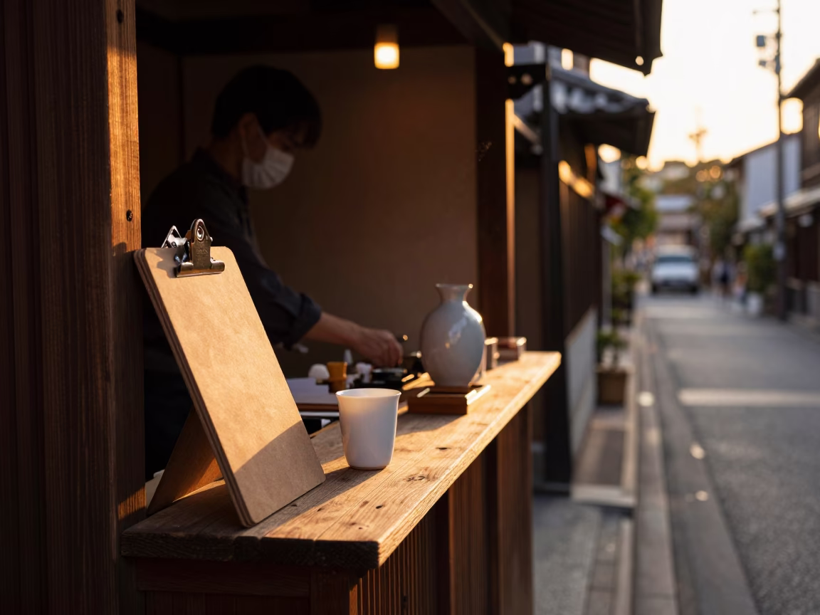 Sunset Street Scene in Kyoto Japan with Vintage Clipboard and Carafe in in Kyoto, Japan