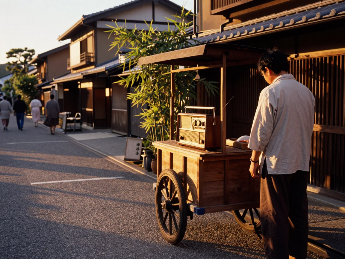 Sunset Street Scene in Kyoto Japan with Vintage Radio and Bamboo Steamers in in Kyoto, Japan