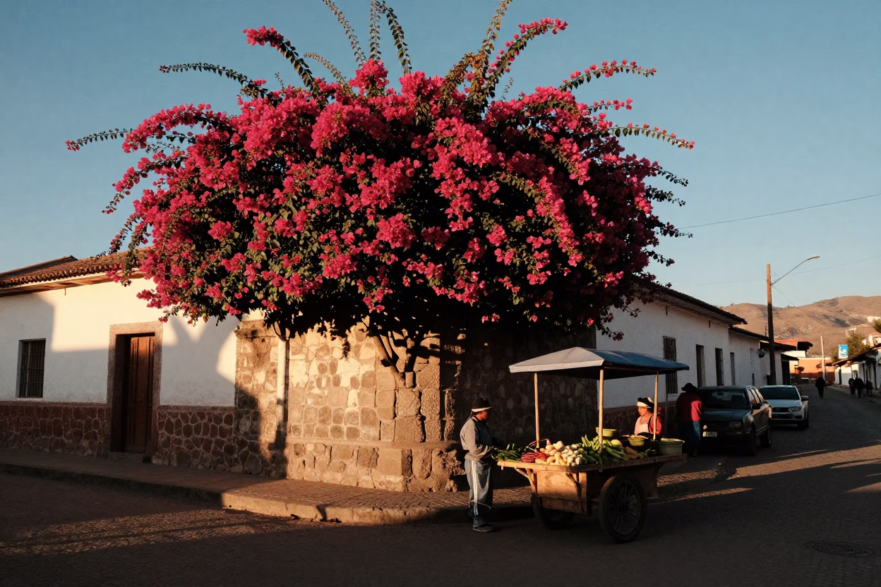 Sunset Street Scene in La Paz Bolivia with Bougainvillea and Local Life in in La Paz, Bolivia
