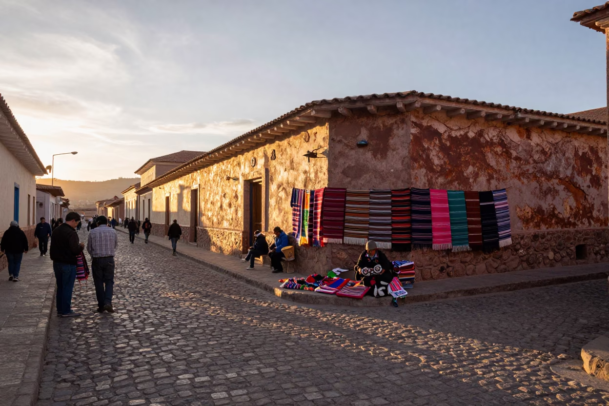 Sunset Street Scene in La Paz Bolivia with Colorful Textiles and Rusty Metal Details in in La Paz, Bolivia