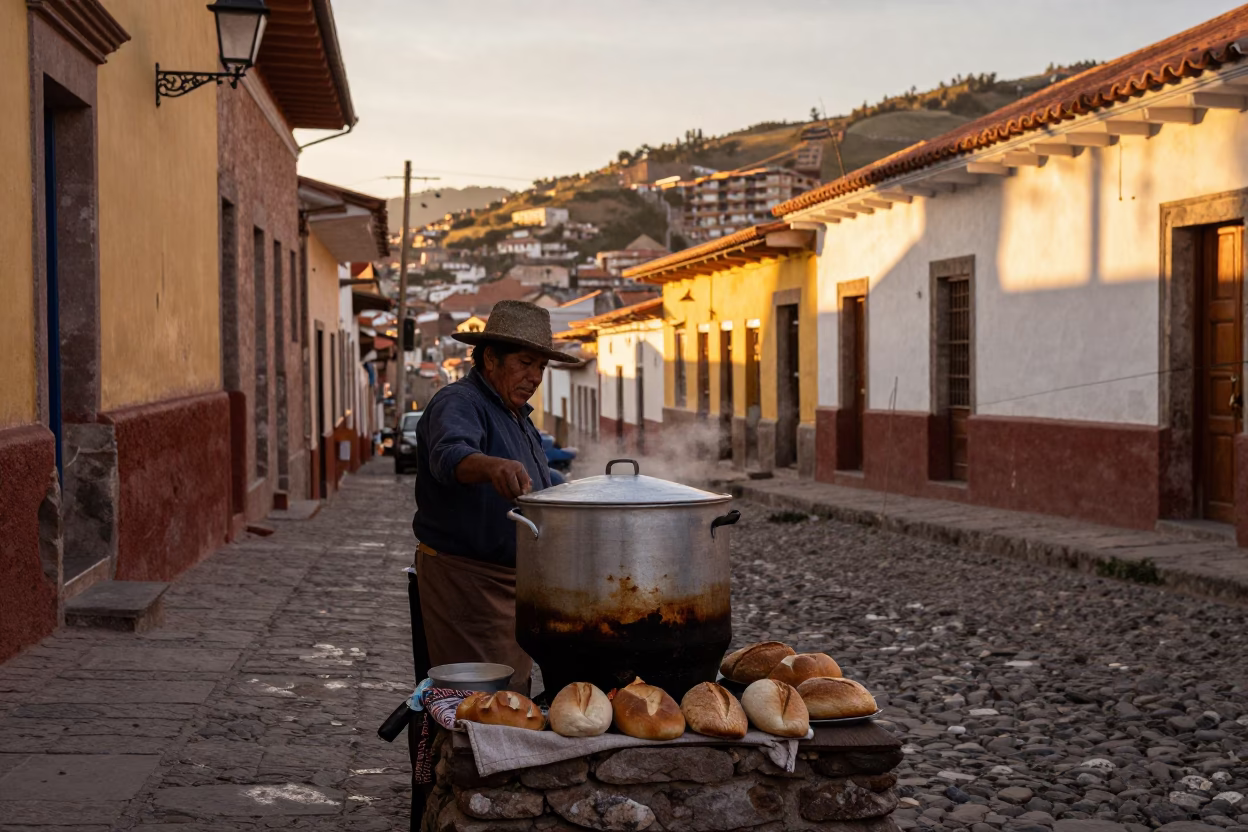 Sunset Street Scene in La Paz Bolivia with Cooking Pot and Bread Loaves in in La Paz, Bolivia