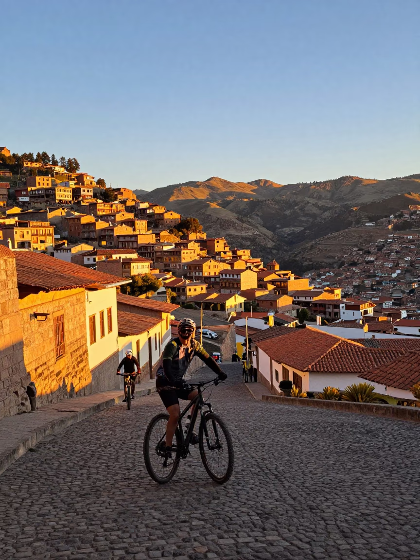 Sunset Street Scene in La Paz Bolivia with Cyclist and Bakery Bicycle in in La Paz, Bolivia