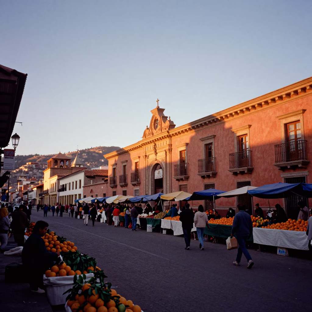 Sunset Street Scene in La Paz Bolivia with Oranges and Local Market Activity in in La Paz, Bolivia