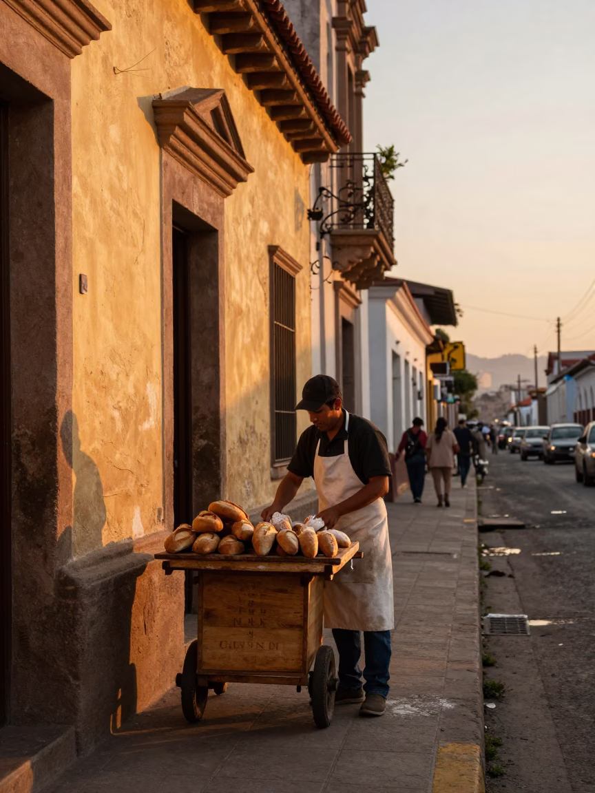 Sunset Street Scene in Lima Peru with Baker and Apron in in Lima, Peru