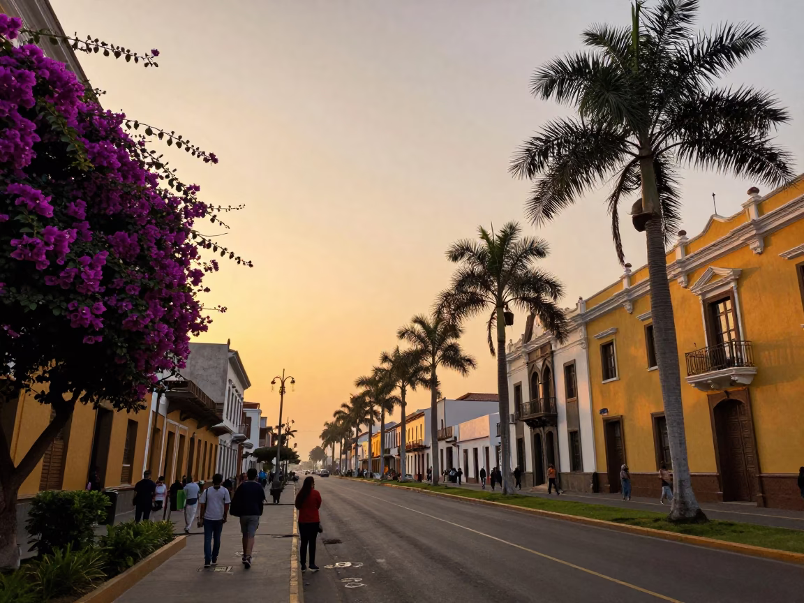 Sunset Street Scene in Lima Peru with Bougainvillea and Palm Tree Avenue in in Lima, Peru