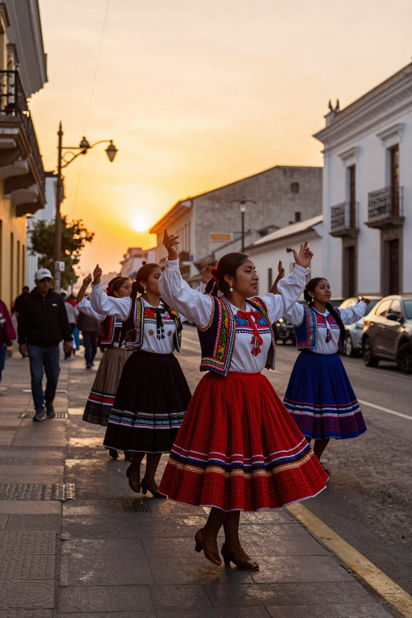 Sunset Street Scene in Lima Peru with Folk Dancers and Traditional Costumes in in Lima, Peru