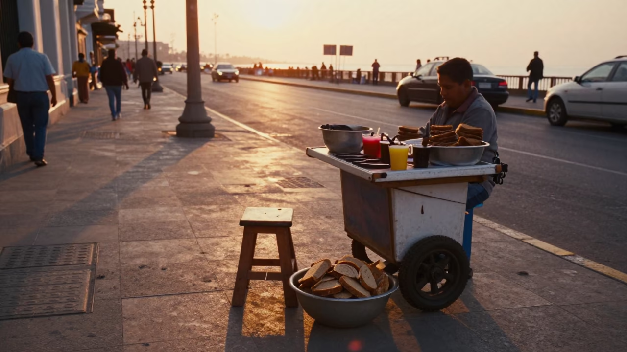 Sunset Street Scene in Lima Peru with Stool and Parings in in Lima, Peru