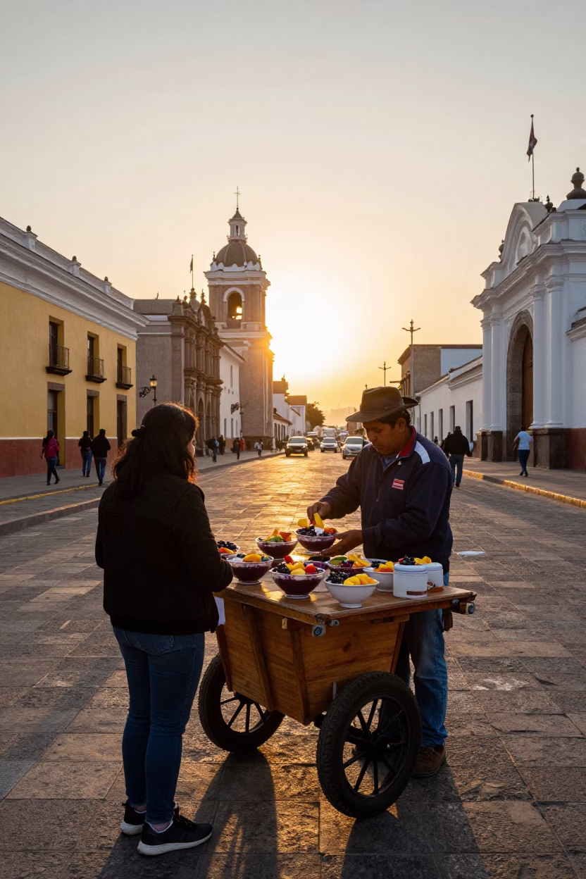 Sunset Street Scene in Lima Peru with Traditional Food and Local Architecture in in Lima, Peru