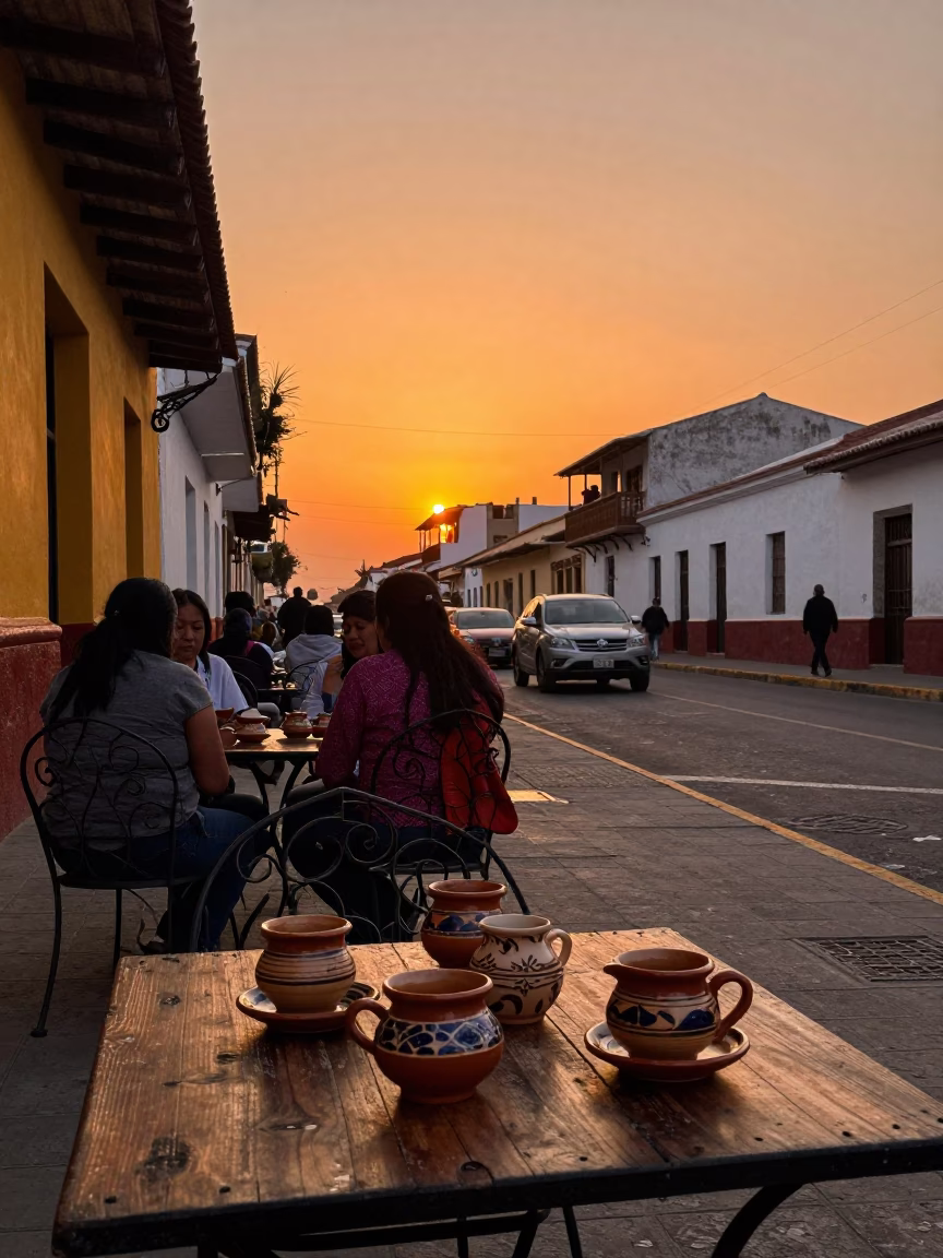 Sunset Street Scene in Lima Peru with Traditional Teacups and Local Market Activity in in Lima, Peru