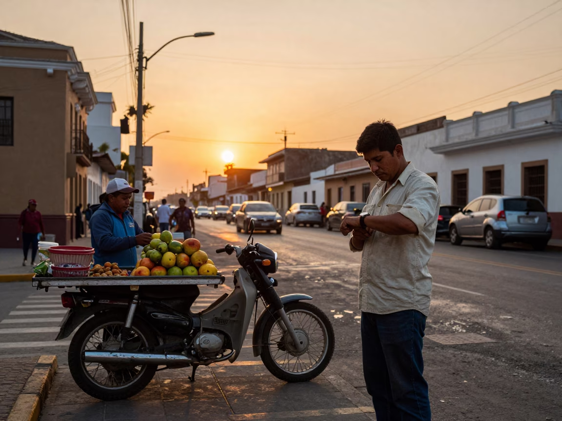 Sunset Street Scene in Lima Peru with Vintage Motorcycle and Local Vendor in in Lima, Peru