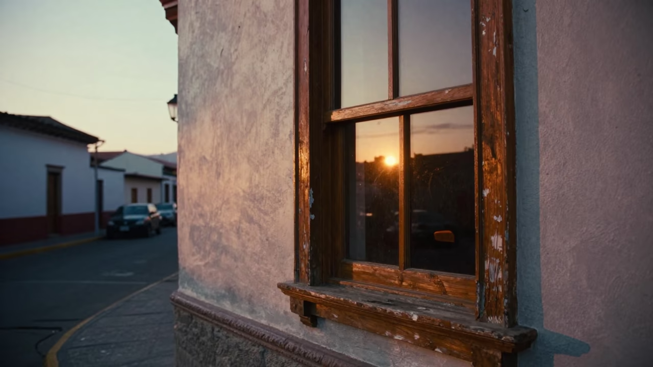 Sunset Street Scene in Lima Peru with Wooden Window Frame and Tree in in Lima, Peru