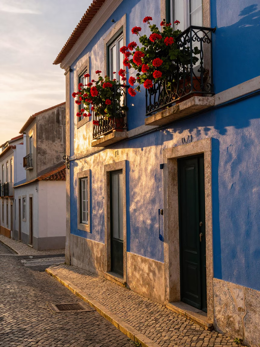 Sunset street scene in Lisbon Portugal with geraniums and traditional blue and white porcelain in in Lisbon, Portugal