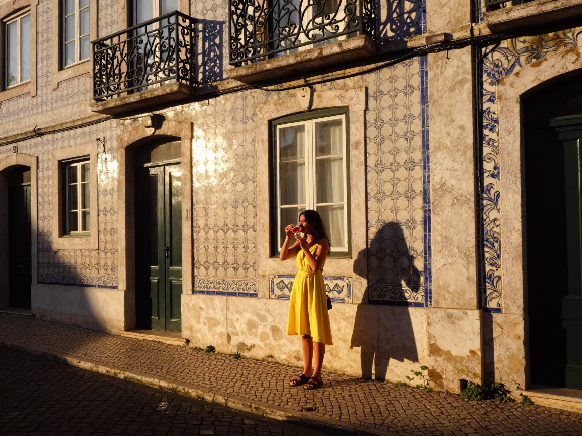 Sunset Street Scene in Lisbon Portugal with Glass and Ceramics in in Lisbon, Portugal