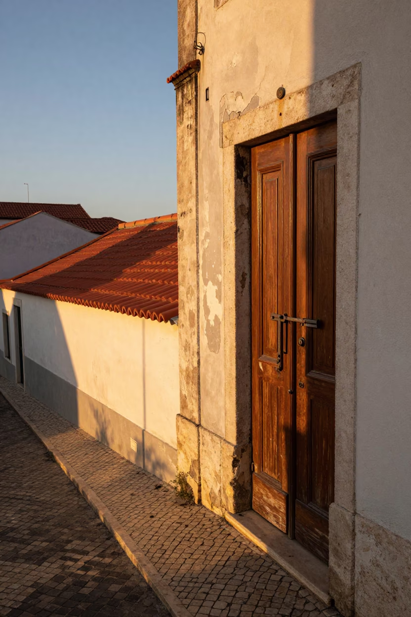 Sunset Street Scene in Lisbon Portugal with Iron Deadbolt and Local Detail in in Lisbon, Portugal