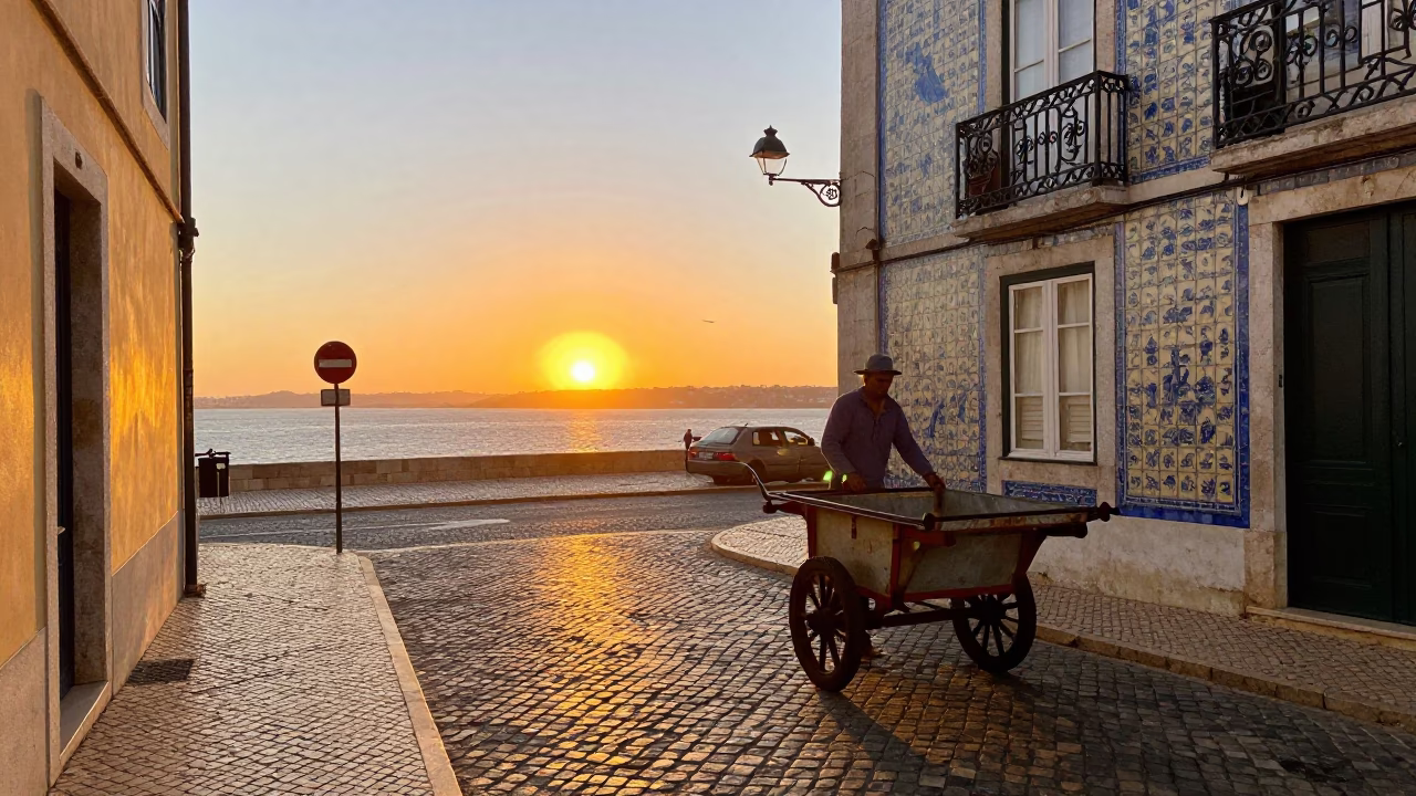 Sunset Street Scene in Lisbon Portugal with Rolling Carts and Vintage Details in in Lisbon, Portugal
