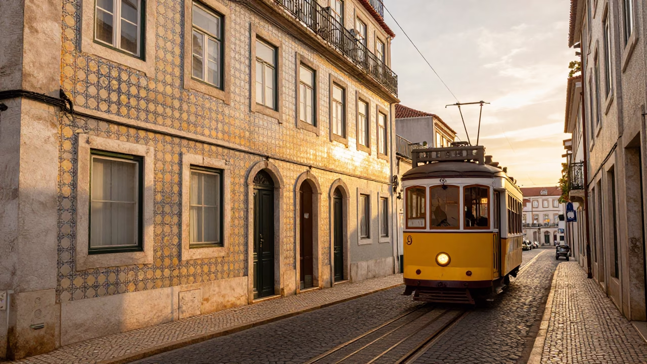 Sunset Street Scene in Lisbon Portugal with Tram 28 and Tiled Facades in in Lisbon, Portugal