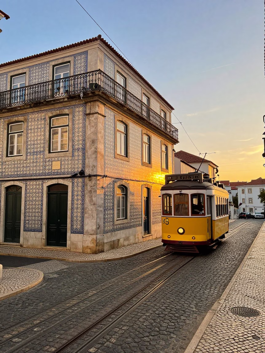 Sunset street scene in Lisbon Portugal with tram and traditional azulejo tiles in in Lisbon, Portugal