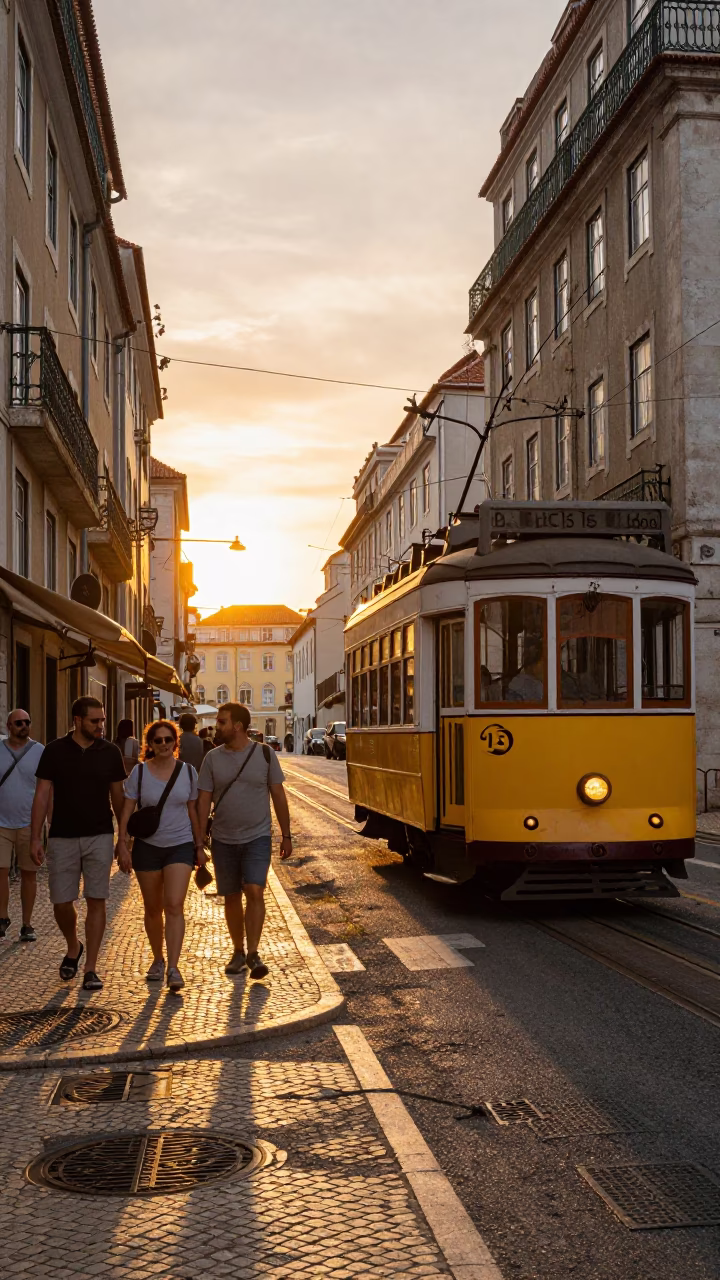 Sunset Street Scene in Lisbon Portugal with Vintage Tram and Tourists in in Lisbon, Portugal