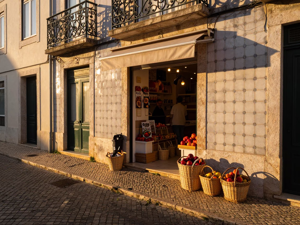 Sunset Street Scene in Lisbon Portugal with Woven Baskets and Nectarines on Cobblestone in in Lisbon, Portugal