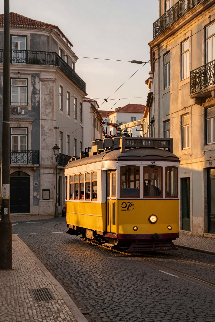 Sunset street scene in Lisbon Portugal with yellow tram and traditional tiles in in Lisbon, Portugal