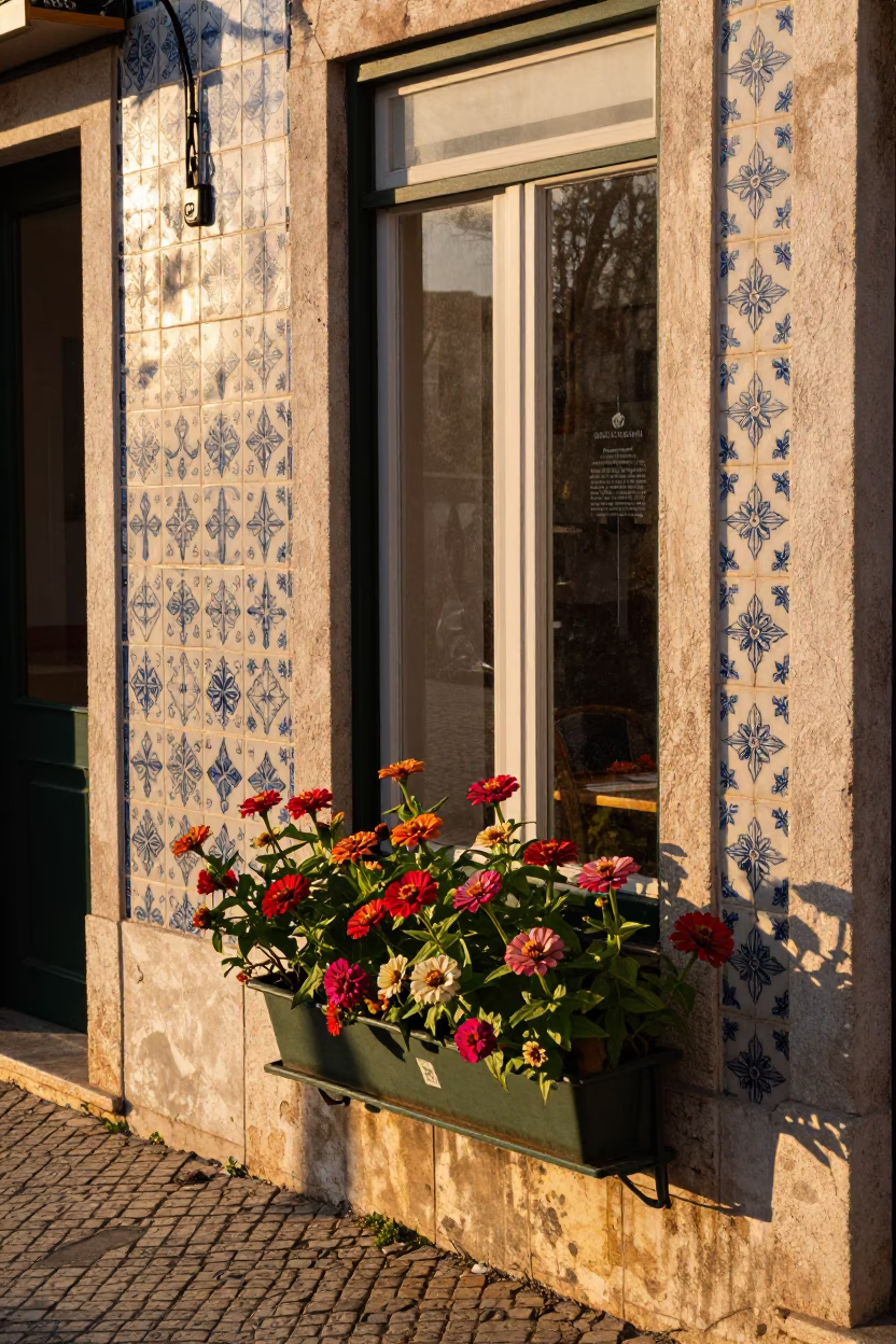 Sunset Street Scene in Lisbon Portugal with Zinnias and Traditional Tiles in in Lisbon, Portugal