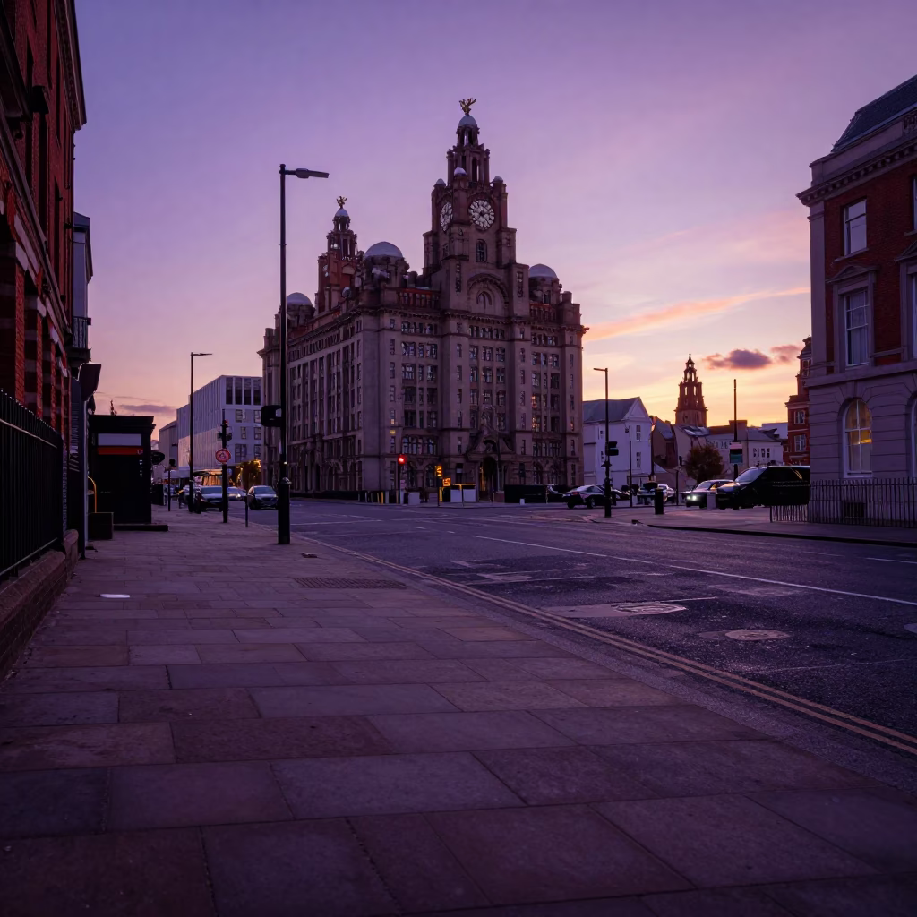 Sunset street scene in Liverpool UK with vintage 1960s aesthetic and baguettes in in Liverpool, United Kingdom
