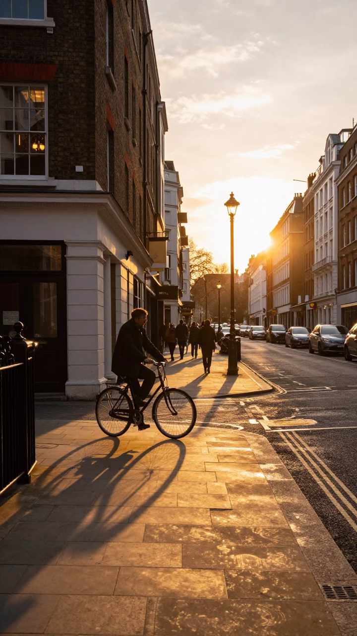 Sunset Street Scene in London UK with Vintage Bicycle and Urban Life in in London, United Kingdom