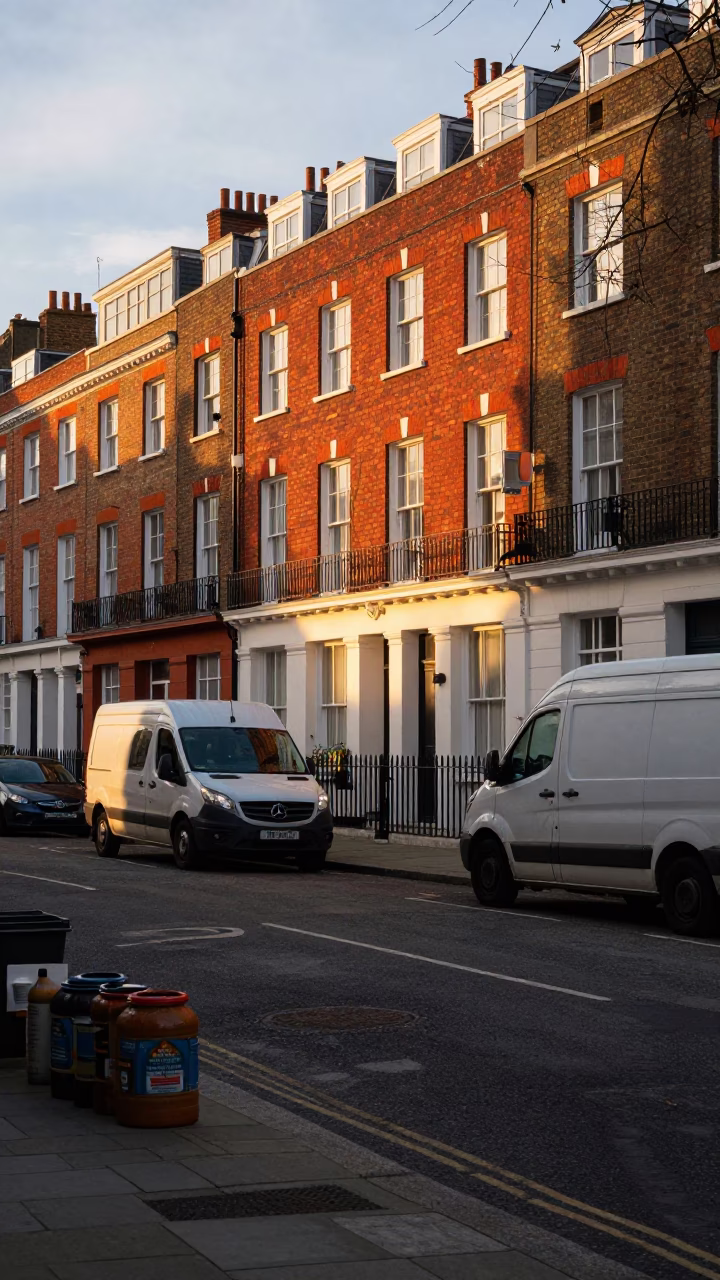 Sunset Street Scene in London United Kingdom with Canisters and Urban Details in in London, United Kingdom