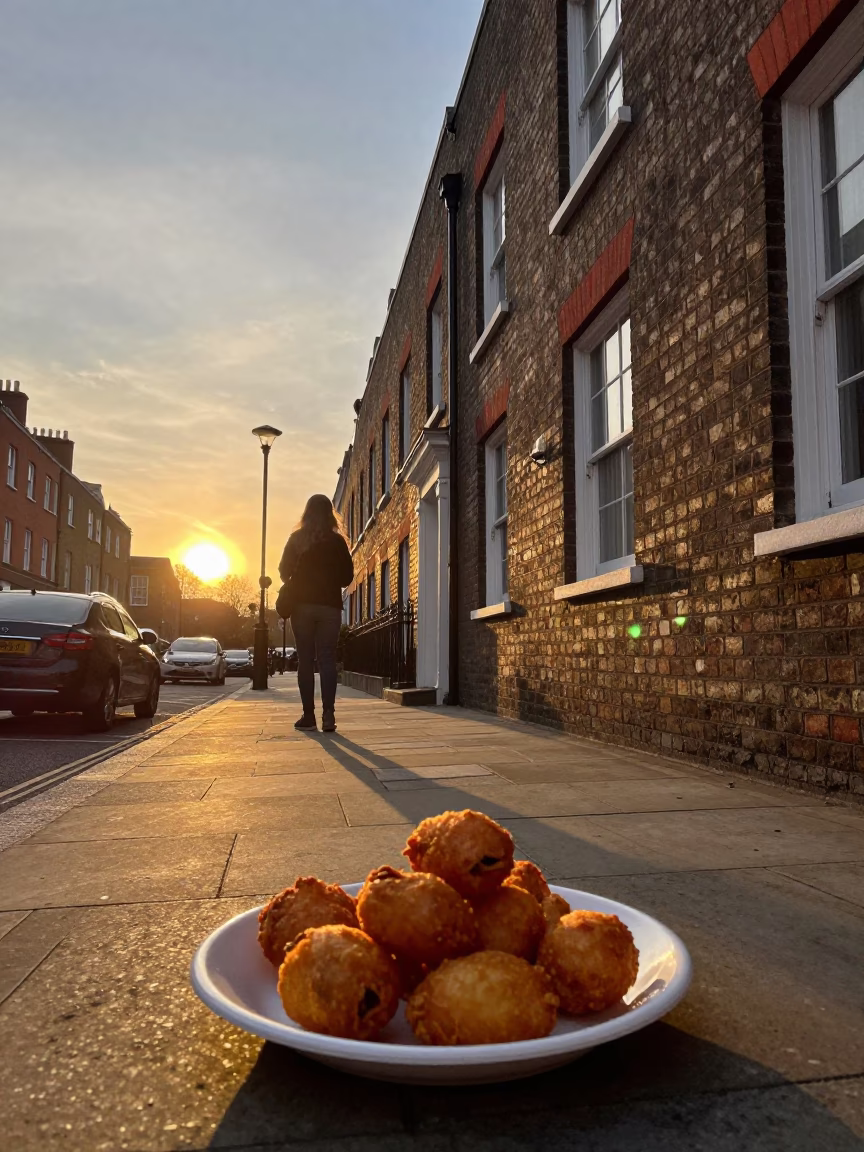 Sunset Street Scene in London with Plate of Accra Fritters and Sauce in in London, United Kingdom